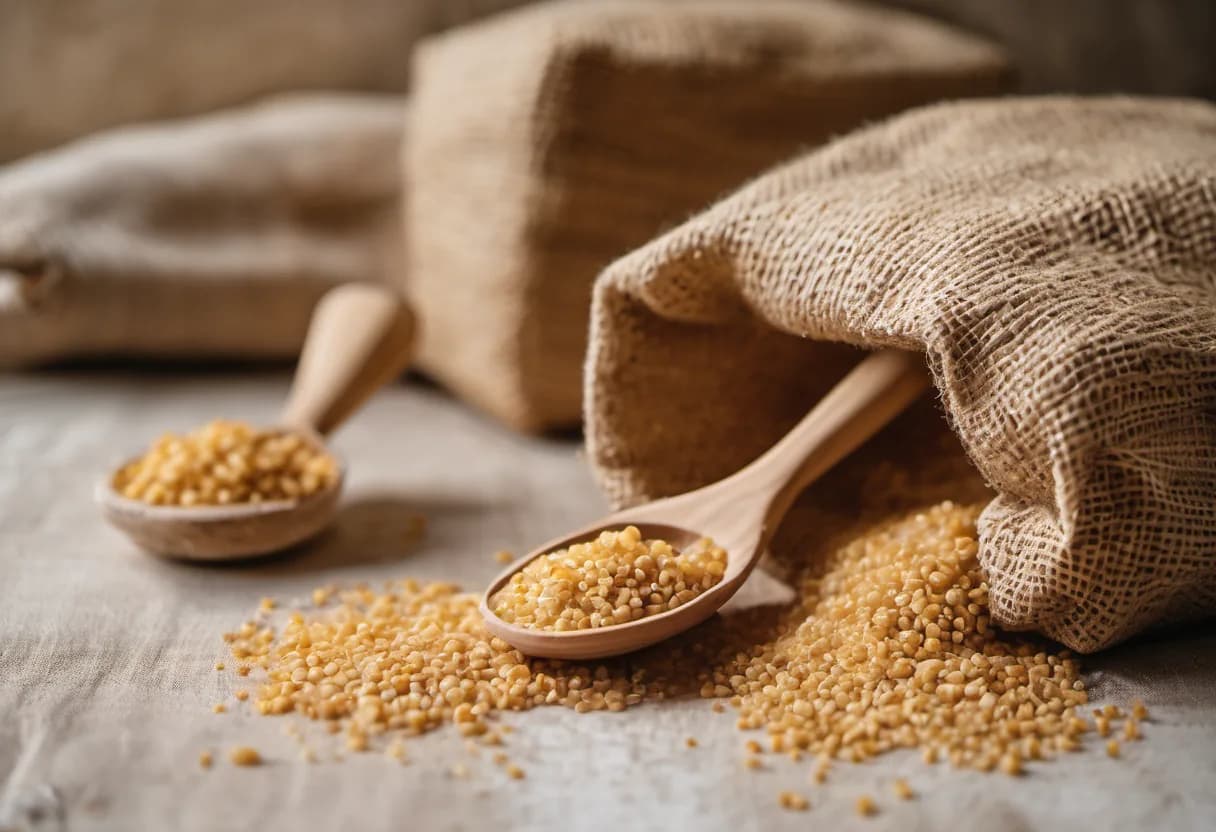 Açık çuvallarda farklı iriliklerde bulgur, köy değirmeni dokusu