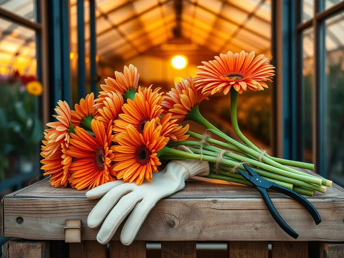 Sera kapısında altın saatte tahta kasa üstünde rafyayla bağlı gerbera demeti
