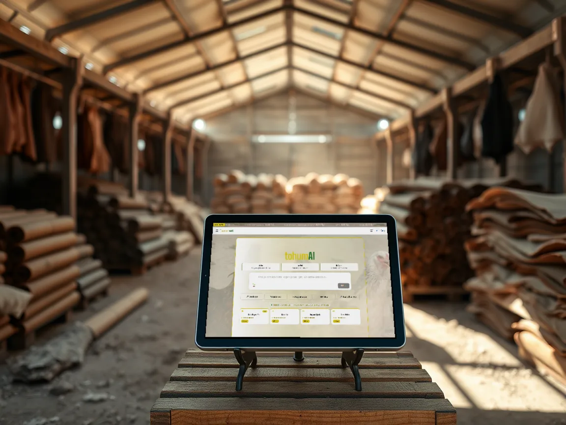 Deri toplama deposunda tahta kasa üstündeki tablette TARIMART ana sayfası; arkada deri ruloları