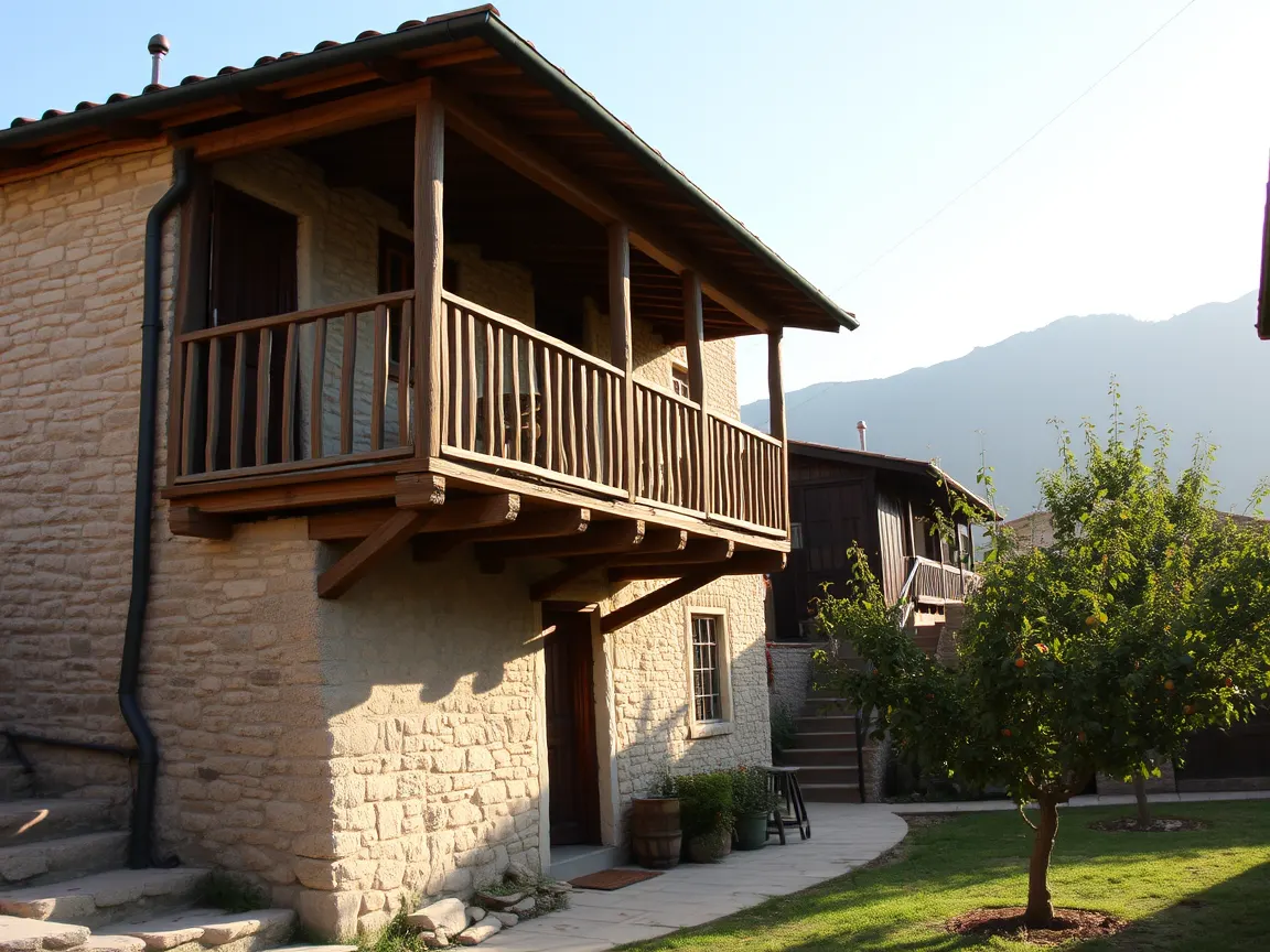 Ahşap balkonlu iki katlı taş köy evi ve önündeki meyve ağaçları