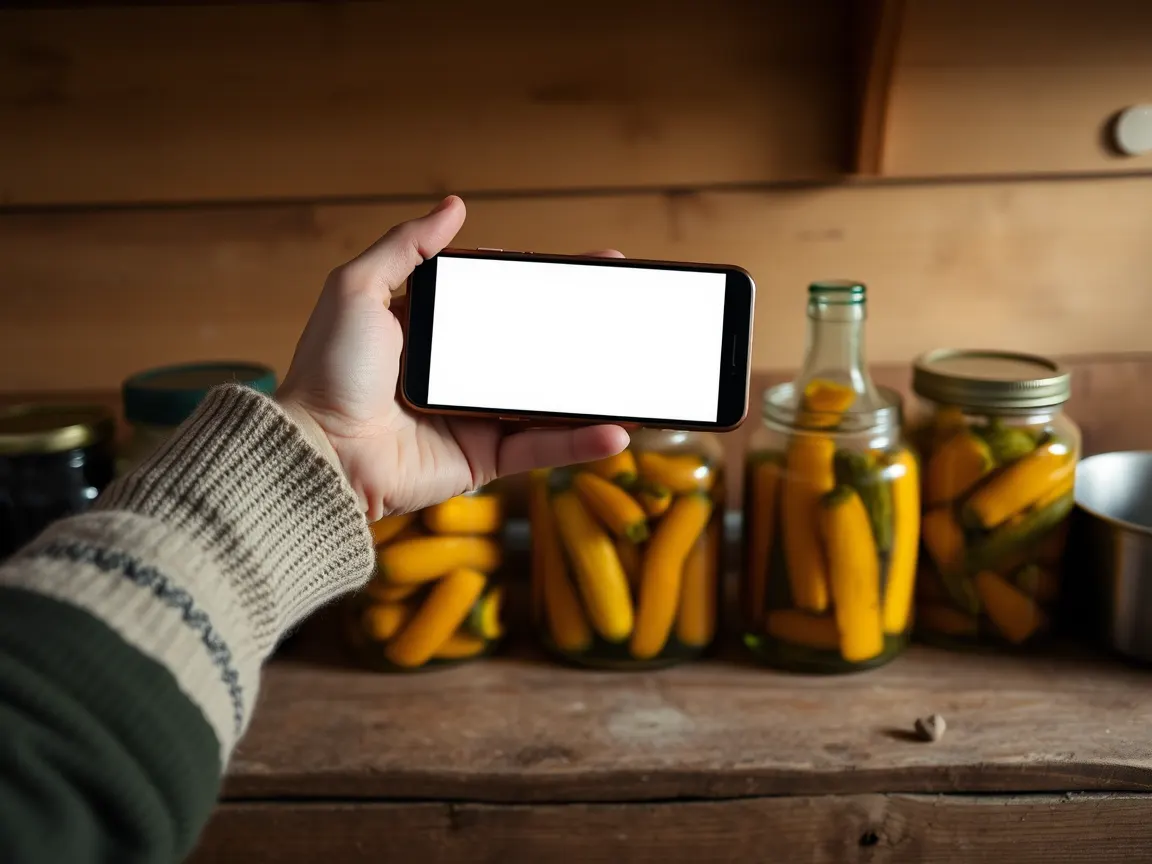 Ahşap tezgâhta turşu kavanozları ve sirke şişesi önünde telefon tutan el