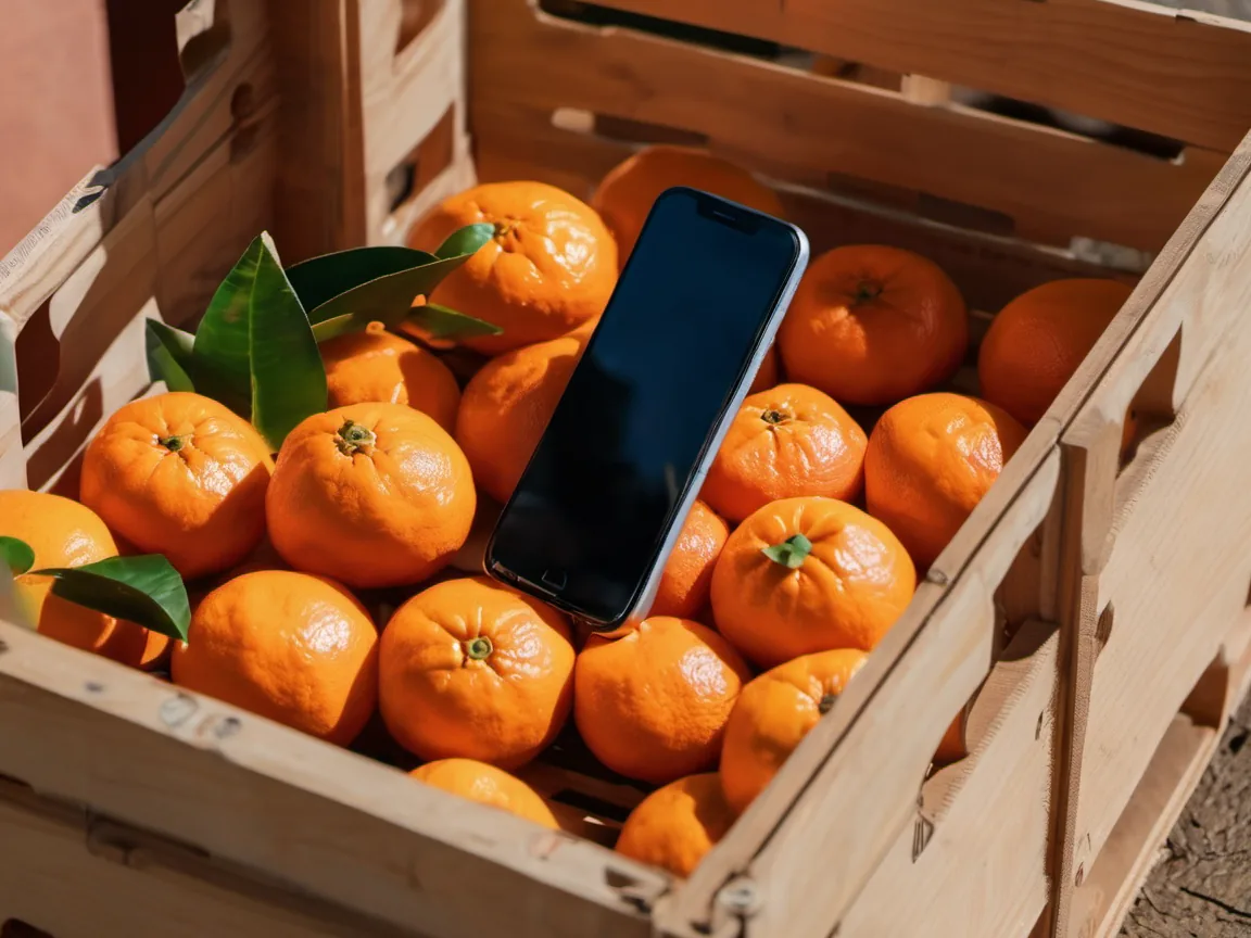 Paketleme evinde ikinci kalite mandalina kasasının kenarında ekranı boş telefon