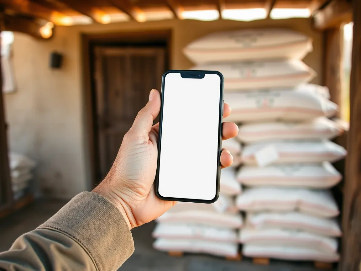 Köy sundurmasında gübre çuvalı istifi önünde telefon tutan üretici eli