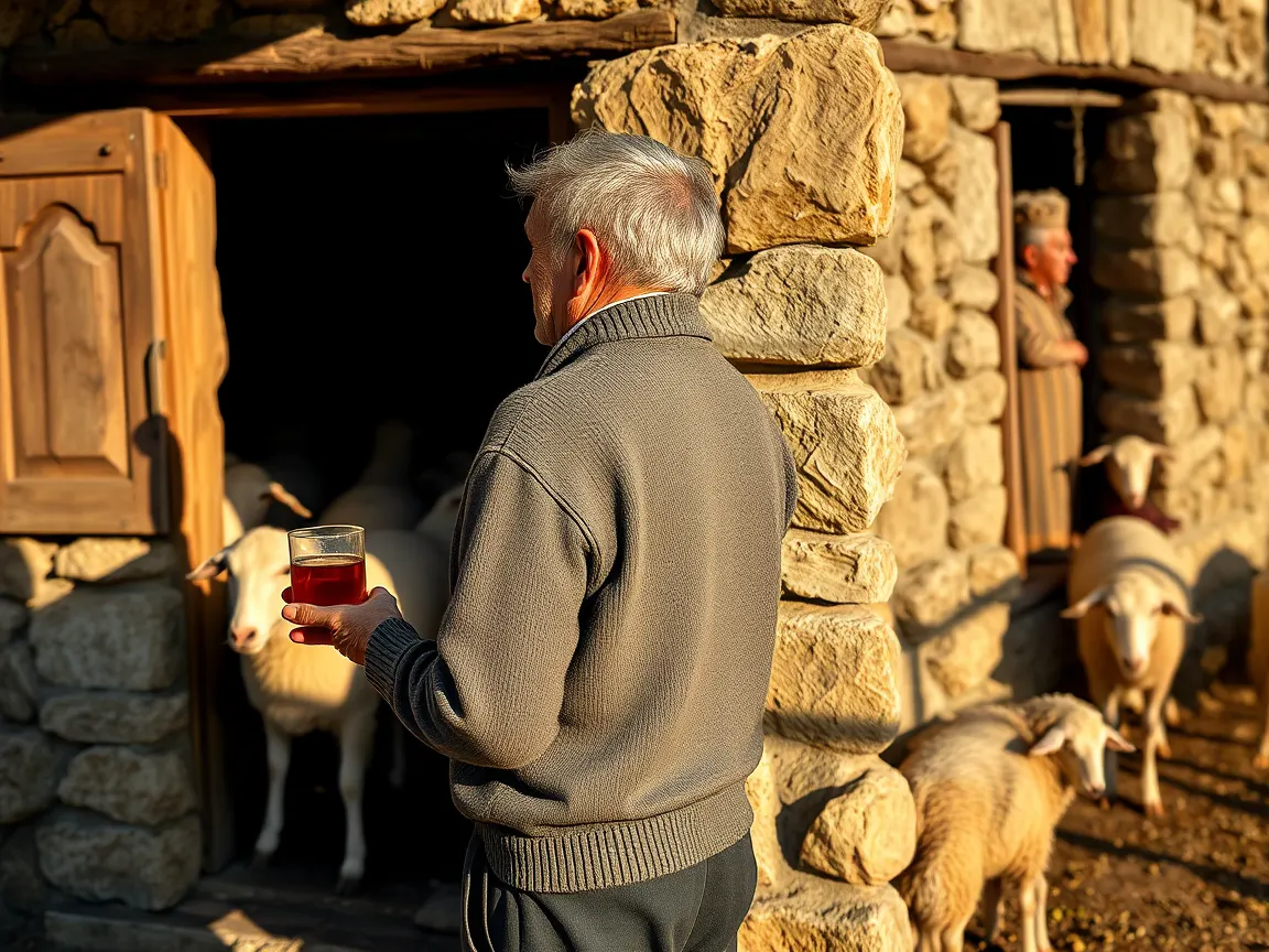 Taş ağıl duvarı önünde elinde ince belli bardakta çayla duran yaşlı besici, yanında koyunlar