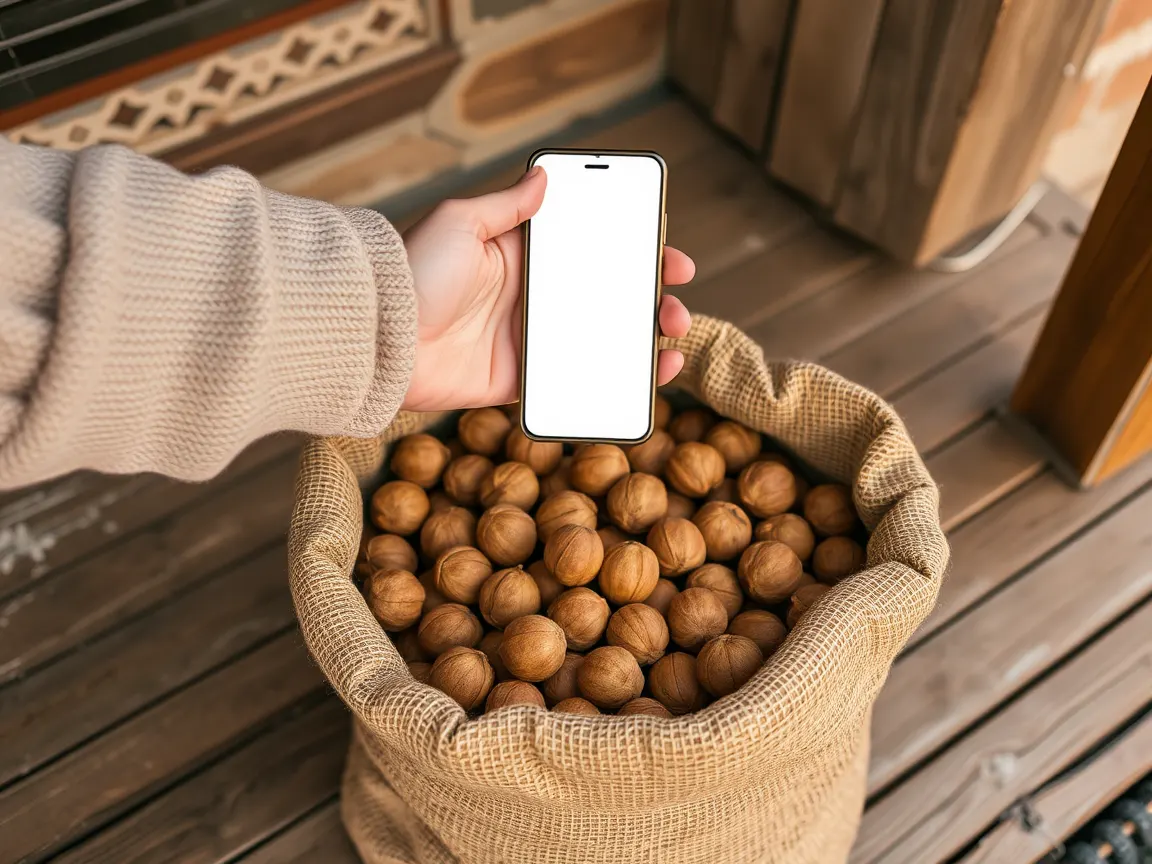 Verandada açık çuvaldaki kabuklu ürünün üstünde telefon tutan el