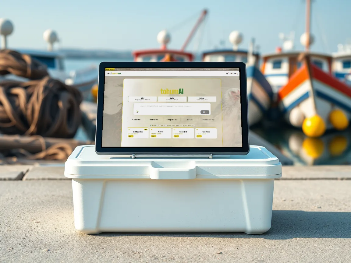 Limanda kapalı beyaz balık kutusunun üstünde tablette TARIMART ana sayfası; arkada halatlar ve tekneler