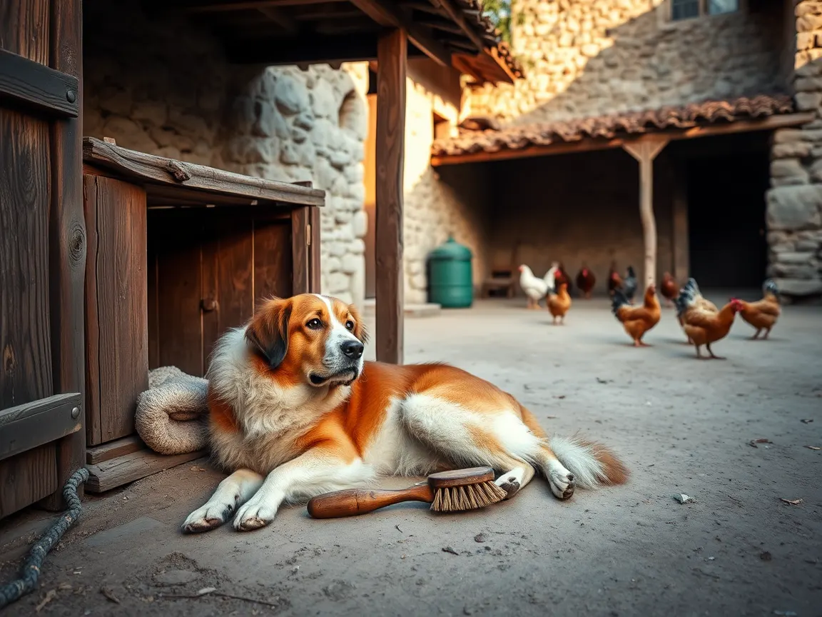 Köy avlusunda ahşap kulübenin önünde yatan çoban köpeği ve tımar fırçası, geride tavuklar