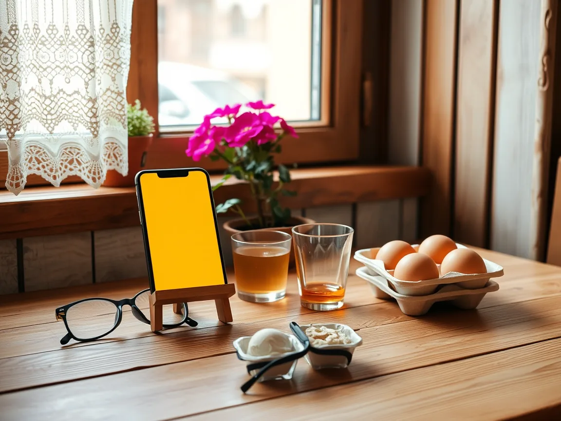 Köy evi masasında pencere ışığında ekranı boş telefon ve yumurta viyolleri