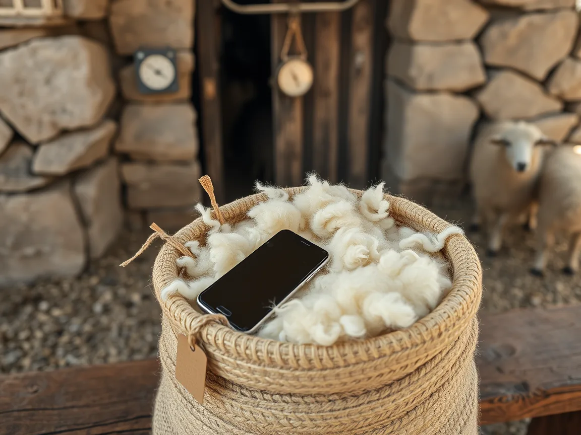 Ağıl önünde ağzı açık tiftik ve yün çuvalı, üstünde ekranı boş telefon