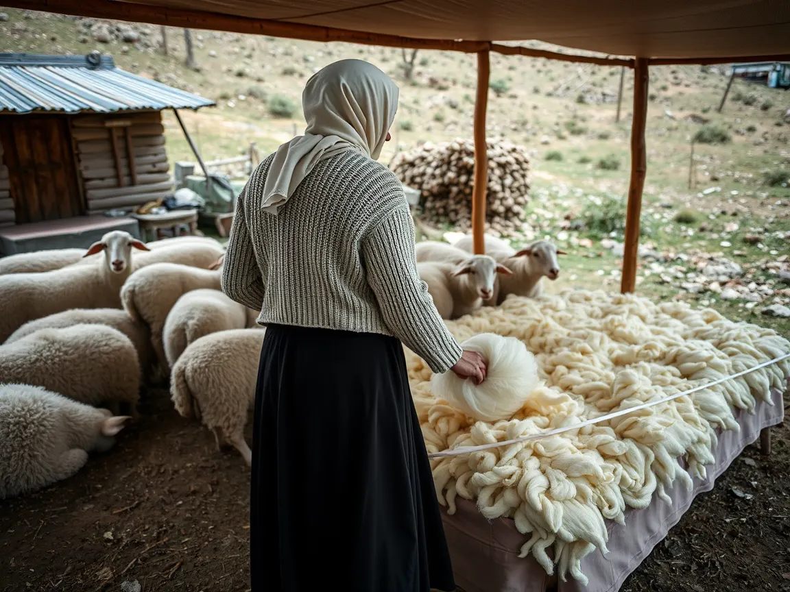 Yayla sundurmasında yeni kırkılmış koyun yününü elle ayıklayan başörtülü kadın, arkada koyunlar